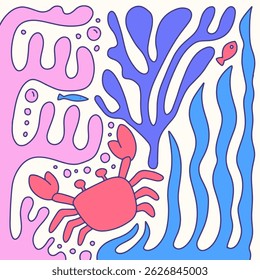 Square composition of Sea bottom with creature animals fish and plants. Underwater marine flat groovy cartoon graphic design illustration