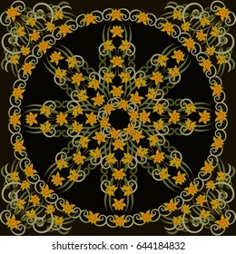 Square composition in small narcissus. Art nouveau style. Floral vintage  enchanting background for scarf print, textile, covers, surface, scrapbooking, decoupage. Bandana, pareo, shawl design
