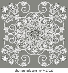 Square composition in small narcissus. Art nouveau style. Floral vintage  enchanting background for scarf print, textile, covers, surface, scrapbooking, decoupage. Bandana, pareo, shawl design.