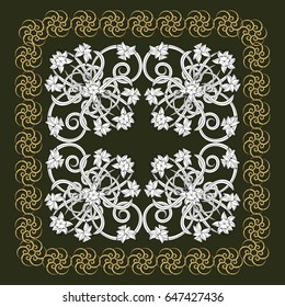 Square composition in small narcissus. Art nouveau style. Floral vintage  enchanting background for scarf print, textile, covers, surface, scrapbooking, decoupage. Bandana, pareo, shawl design.