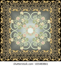 Square composition in small narcissus. Art nouveau style. Floral vintage  enchanting background for scarf print, textile, covers, surface, scrapbooking, decoupage. Bandana, pareo, shawl design.