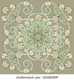 Square composition in small narcissus. Art nouveau style. Floral vintage  enchanting background for scarf print, textile, covers, surface, scrapbooking, decoupage. Bandana, pareo, shawl design.