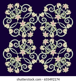 Square composition in small narcissus. Art nouveau style. Floral vintage  enchanting background for scarf print, textile, covers, surface, scrapbooking, decoupage. Bandana, pareo, shawl design.
