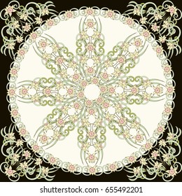 Square composition in small narcissus. Art nouveau style. Floral vintage  enchanting background for scarf print, textile, covers, surface, scrapbooking, decoupage. Bandana, pareo, shawl design.