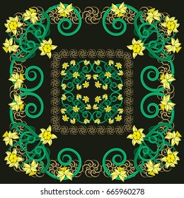 Square composition in small narcissus. Art nouveau style. Floral vintage  enchanting background for scarf print, textile, covers, surface, scrapbooking, decoupage. Bandana, pareo, shawl design.