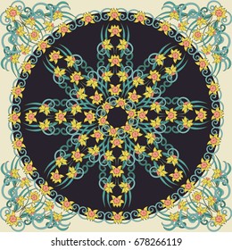 Square composition in small narcissus. Art nouveau style. Floral vintage  enchanting background for scarf print, textile, covers, surface, scrapbooking, decoupage. Bandana, pareo, shawl design.