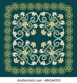 Square composition in small narcissus. Art nouveau style. Floral vintage  enchanting background for scarf print, textile, covers, surface, scrapbooking, decoupage. Bandana, pareo, shawl design.