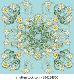 Square composition in small narcissus. Art nouveau style. Floral vintage  enchanting background for scarf print, textile, covers, surface, scrapbooking, decoupage. Bandana, pareo, shawl design.