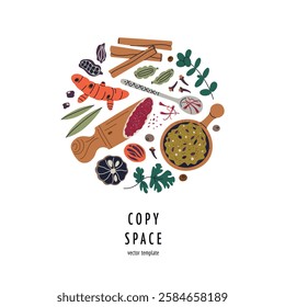 Square composition with spices and copy space, greeting card, web banner, or poster. Vector illustrations of herbs, turmeric, cinnamon, saffron, bay leaf, pepper, nutmeg, wooden spatulas and spoons