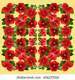 Square composition in tropical flowers of hibiscus. Floral exotic  enchanting background for scarf print, textile, covers, surface, scrapbooking, decoupage. Bandana design.