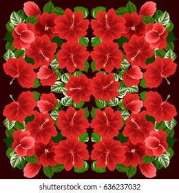 Square composition in tropical flowers of hibiscus. Floral exotic  enchanting background for scarf print, textile, covers, surface, scrapbooking, decoupage. Bandana design.