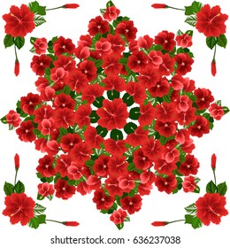 Square composition in tropical flowers of hibiscus. Floral exotic  enchanting background for scarf print, textile, covers, surface, scrapbooking, decoupage. Bandana design.