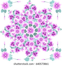 Square composition in tropical flowers of hibiscus. Floral exotic  enchanting background for scarf print, textile, covers, surface, scrapbooking, decoupage. Bandana, pareo design.