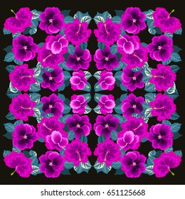Square composition in tropical flowers of hibiscus. Floral exotic  enchanting background for scarf print, textile, covers, surface, scrapbooking, decoupage. Bandana, pareo design.