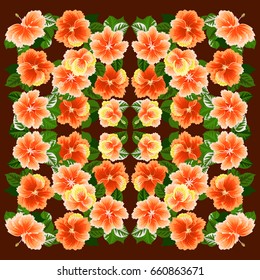 Square composition in tropical flowers of hibiscus. Floral exotic  enchanting background for scarf print, textile, covers, surface, scrapbooking, decoupage. Bandana, pareo design.
