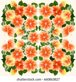 Square composition in tropical flowers of hibiscus. Floral exotic  enchanting background for scarf print, textile, covers, surface, scrapbooking, decoupage. Bandana, pareo design.