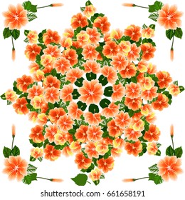 Square composition in tropical flowers of hibiscus. Floral exotic  enchanting background for scarf print, textile, covers, surface, scrapbooking, decoupage. Bandana, pareo design.
