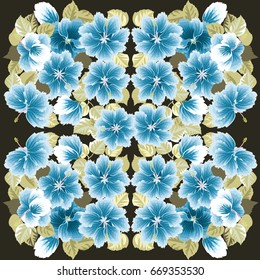 Square composition in tropical flowers of hibiscus. Floral exotic  enchanting background for scarf print, textile, covers, surface, scrapbooking, decoupage. Bandana, pareo, shawl design.