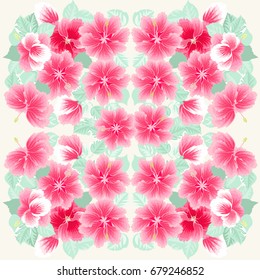 Square composition in tropical flowers of hibiscus. Floral exotic  enchanting background for scarf print, textile, covers, surface, scrapbooking, decoupage. Bandana, pareo design.