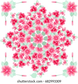 Square composition in tropical flowers of hibiscus. Floral exotic  enchanting background for scarf print, textile, covers, surface, scrapbooking, decoupage. Bandana, pareo design.