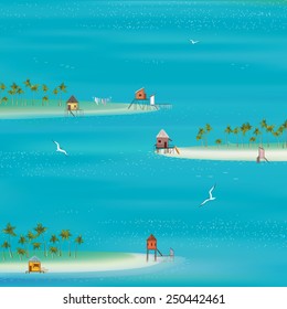 Composición cuadrada con islas tropicales sobre un fondo marino. Mar e islas creadas con herramienta de malla.