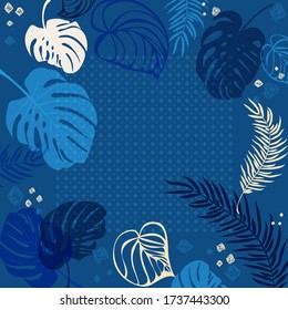 Composición cuadrada en hojas tropicales, flores y adorno geométrico. Fondo floral exótico para la impresión de pañuelos, textil, cubiertas, superficie, scrapbooking, desacoplamiento. Bandana, pañuelos, pareo 