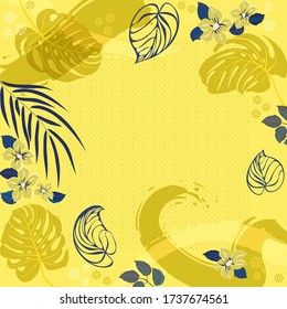 Square composition in tropical leaves, flowers and geometric ornament. Floral exotic  enchanting background for scarf print, textile, covers, surface, scrapbooking, decoupage. Bandana, scarves, pareo 