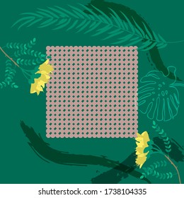 Viereckige Zusammensetzung aus tropischen Blättern, Blumen und geometrischen Ornamenten. Floraler exotischer Hintergrund für Schal-Print, Textil, Cover, Oberfläche, Scrapbooking, Decodipage. Bandana, Schals, Pareo 