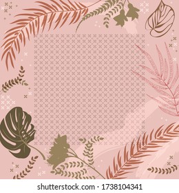 Composición cuadrada en hojas tropicales, flores y adorno geométrico. Fondo floral exótico para la impresión de pañuelos, textil, cubiertas, superficie, scrapbooking, desacoplamiento. Bandana, pañuelos, pareo 