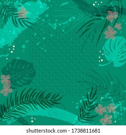Square composition in tropical leaves, flowers and geometric ornament. Floral exotic  enchanting background for scarf print, textile, covers, surface, scrapbooking, decoupage. Bandana, scarves, pareo 