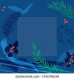 Square composition in tropical leaves, flowers and geometric ornament. Floral exotic  enchanting background for scarf print, textile, covers, surface, scrapbooking, decoupage. Bandana, scarves, pareo 