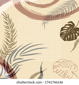 Square composition in tropical leaves, flowers and geometric ornament. Floral exotic  enchanting background for scarf print, textile, covers, surface, scrapbooking, decoupage. Bandana, scarves, pareo 