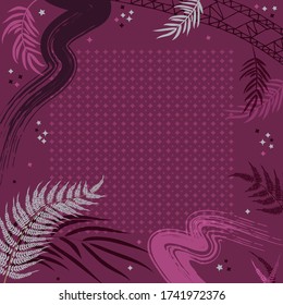 Square composition in tropical leaves, flowers and geometric ornament. Floral exotic  enchanting background for scarf print, textile, covers, surface, scrapbooking, decoupage. Bandana, scarves, pareo 