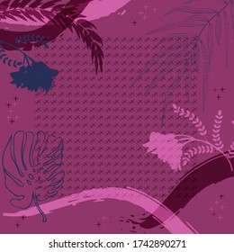 Composición cuadrada en hojas tropicales, flores y adorno geométrico. Fondo floral exótico para la impresión de pañuelos, textil, cubiertas, superficie, scrapbooking, desacoplamiento. Bandana, pañuelos, pareo 