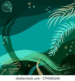 Square composition in tropical leaves, flowers. Floral exotic  enchanting background for scarf print, textile, covers, surface, decoupage. Bandana, scarves, pareo, hijab. Trendy 2022 green colors.
