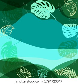 Composición cuadrada en hojas tropicales, flores. Fondo floral exótico de encantamiento para la impresión de pañoleta, textil, cubiertas, superficie, desacoplamiento. Bandana, pañuelos, pareo, hijab. Colores verdes de moda en 2022.