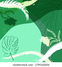 Square composition in tropical leaves, flowers. Floral exotic  enchanting background for scarf print, textile, covers, surface, decoupage. Bandana, scarves, pareo, hijab. Trendy 2022 green colors.
