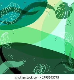 Square composition in tropical leaves, flowers. Floral exotic  enchanting background for scarf print, textile, covers, surface, decoupage. Bandana, scarves, pareo, hijab. Trendy 2022 green colors.