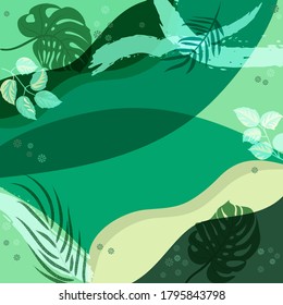 Square composition in tropical leaves, flowers. Floral exotic  enchanting background for scarf print, textile, covers, surface, decoupage. Bandana, scarves, pareo, hijab. Trendy 2022 green colors.