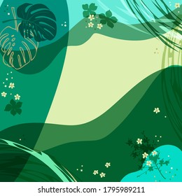 Viereckige Zusammensetzung aus tropischen Blättern, Blumen. Blumenexotischer, bezaubernder Hintergrund für Schal-Druck, Textilien, Bezüge, Oberfläche, Entkopplung. Bandana, Schals, Pareo, Hijab. Trendy 2022 grüne Farben.