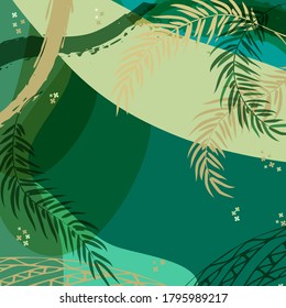 Composición cuadrada en hojas tropicales, flores. Fondo floral exótico de encantamiento para la impresión de pañoleta, textil, cubiertas, superficie, desacoplamiento. Bandana, pañuelos, pareo, hijab. Colores verdes de moda en 2022.