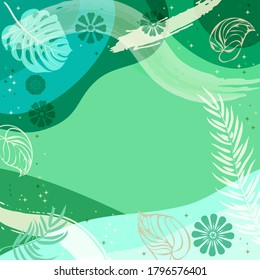 Square composition in tropical leaves, flowers. Floral exotic  enchanting background for scarf print, textile, covers, surface, decoupage. Bandana, scarves, pareo, hijab. Trendy 2022 green colors.