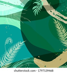 Square composition in tropical leaves, flowers. Floral exotic  enchanting background for scarf print, textile, covers, surface, decoupage. Bandana, scarves, pareo, hijab. Trendy 2022 green colors.