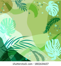 Square composition in tropical leaves, flowers. Floral exotic  enchanting background for scarf print, textile, covers, surface, decoupage. Bandana, scarves, pareo, hijab. Trendy 2022 green colors.