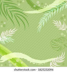 Square composition in tropical leaves, flowers and geometric ornament. Floral exotic cute background for print, textile, covers, surface, scrapbooking, decoupage. Bandana, scarves, pareo design