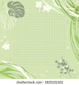 Composición cuadrada en hojas tropicales, flores y adorno geométrico. Fondo floral exótico lindo para impresión, textil, cubiertas, superficie, scrapbooking, desacoplamiento. Bandana, pañuelos, diseño pareo