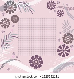 Composición cuadrada en hojas tropicales, flores y adorno geométrico. Fondo floral exótico lindo para impresión, textil, cubiertas, superficie, scrapbooking, desacoplamiento. Bandana, pañuelos, diseño pareo