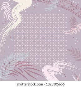 Square composition in tropical leaves, flowers and geometric ornament. Floral exotic cute background for print, textile, covers, surface, scrapbooking, decoupage. Bandana, scarves, pareo design