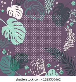Square composition in tropical leaves, flowers and geometric ornament. Floral exotic cute background for print, textile, covers, surface, scrapbooking, decoupage. Bandana, scarves, pareo design