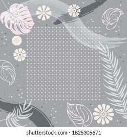Square composition in tropical leaves, flowers and geometric ornament. Floral exotic cute background for print, textile, covers, surface, scrapbooking, decoupage. Bandana, scarves, pareo design